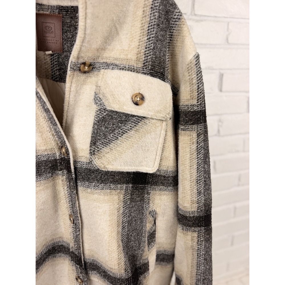 Rip Curl Womens L Long Line Check Jacket Cream Black Plaid Shacket Coat - Picture 2 of 6